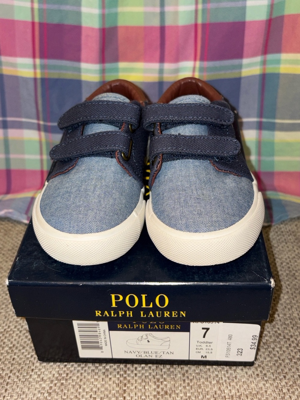 Polo Ralph Lauren Olan EZ Toddler Shoes in Navy, Blue & Tan in Size 7 - Picture 4 of 12